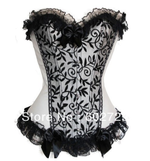 White satin lace overlay boned lace up basque corset busiter bodyshaper costume S-2XL