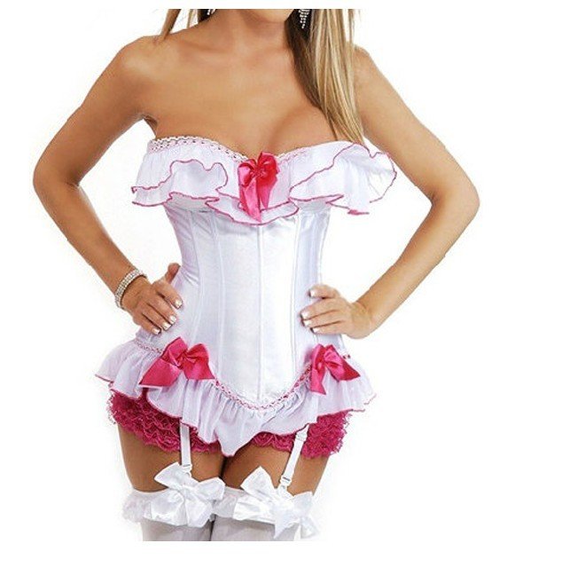 White Satin Sexy Lace up Corset Bustier Top G-string  Charming Lingerie