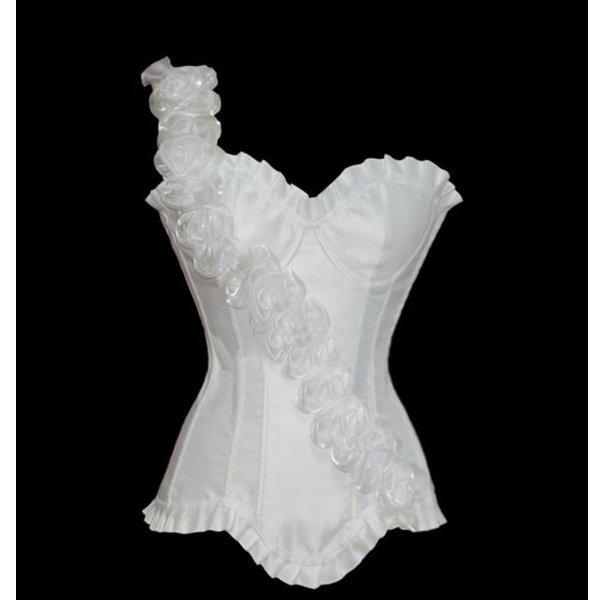 White  satin single rose shoulder   outwear shaper  Lace up  Corset  Bustier clubwear +G-string  S-XXL