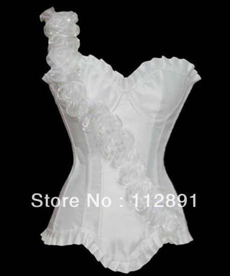 White satin single rose shoulder outwear shaper Lace up Corset Bustier clubwear +G-string S-XXL   M0171