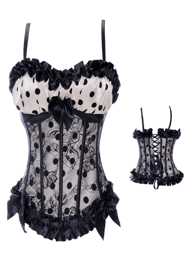 White satin with black dots corset bustier lace up boned lace overlay lingerie with strap padded cup bodyshaper S-2XL