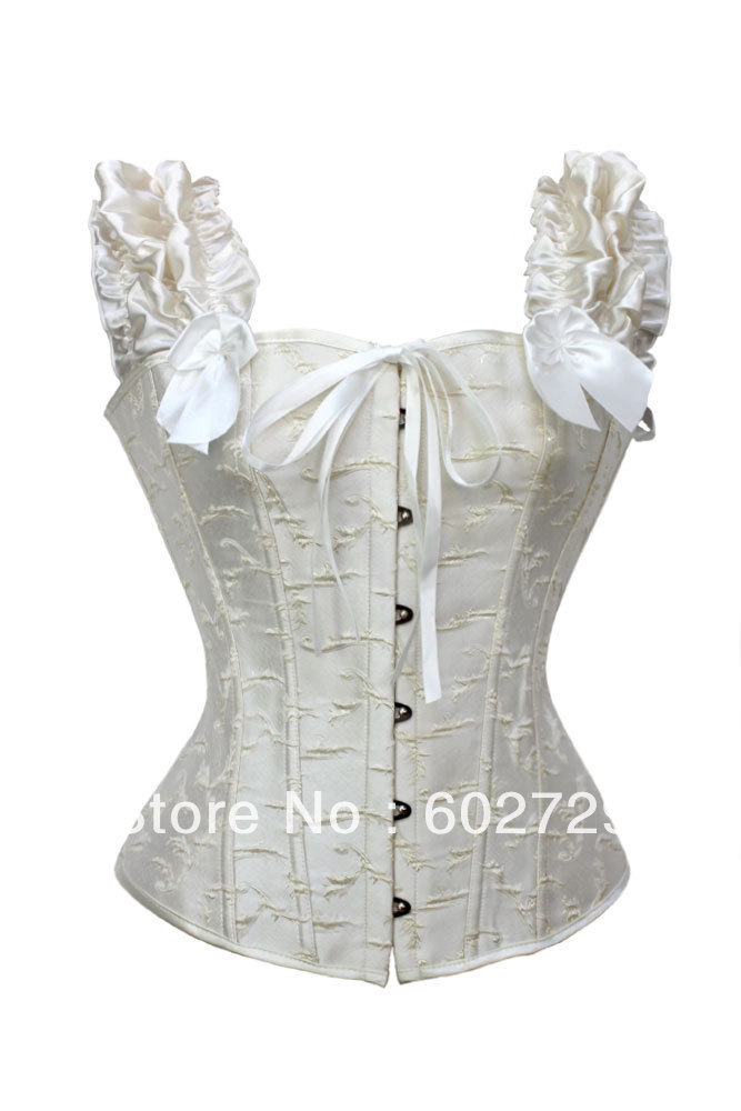 White spiral steel boned with shoulder strap lace up boned corset bustier dropship S-2XL