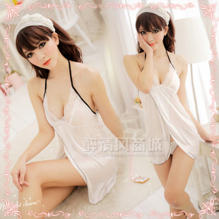 White summer women's sexy sleepwear faux silk underwear spaghetti strap nightgown twinset temptation