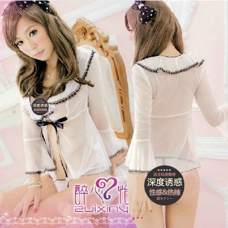 White transparent large lapel open front sleepwear thong set bathrobe robe female lingerie