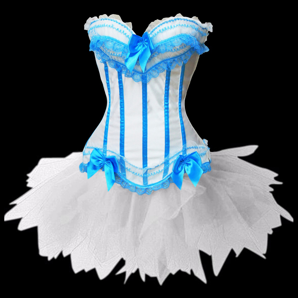 White with blue stripe  boned lace up corset bustier  showgirl  +TUTU Skirt  dropship  factory supplier S-2XL