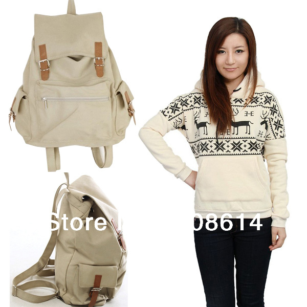 White Women Lady Warm Deer Hooded Hedging Loose Hoodies With 1PCS Beige Color Canvas Backpack School Bag