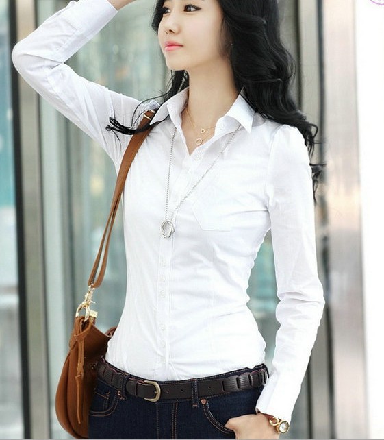 White Women's Korean Lady OL Long Sleeve Slim otton Career Shirt Button Blouse Tops