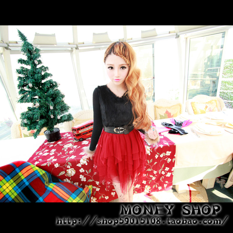 Whole rabbit fur patchwork yarn woolen princess one-piece dress quality leather cummerbund