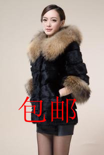 whole sale!!!!2012 large raccoon fur collar faux outerwear hooded women's medium-long free shipping