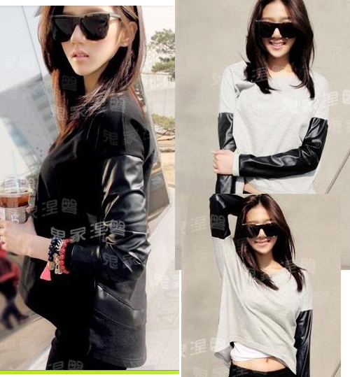 WHOLE SALE Women's clothes 2013 spring motorcycle leather patchwork asymmetrical t-shirt mushroom FREE SHIPPING