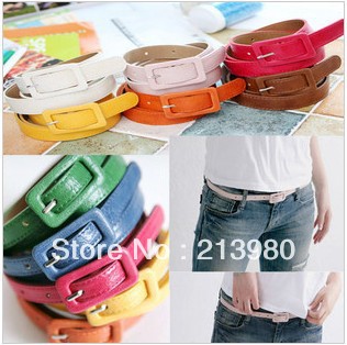 wholesale 100pcs mixclor New Fashion Women's Cute Nice Candy color PU leather Thin Belt free shipping