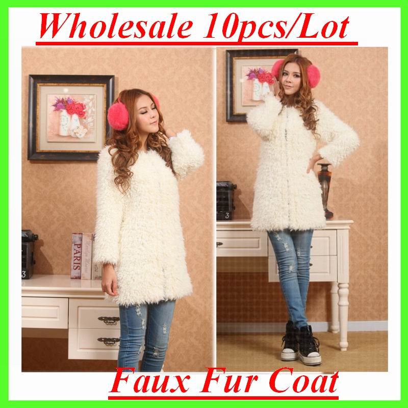 Wholesale 10pcs/Lot  Factory  Beige Faux Lamb Fur Coat Long Size Outwear Coats