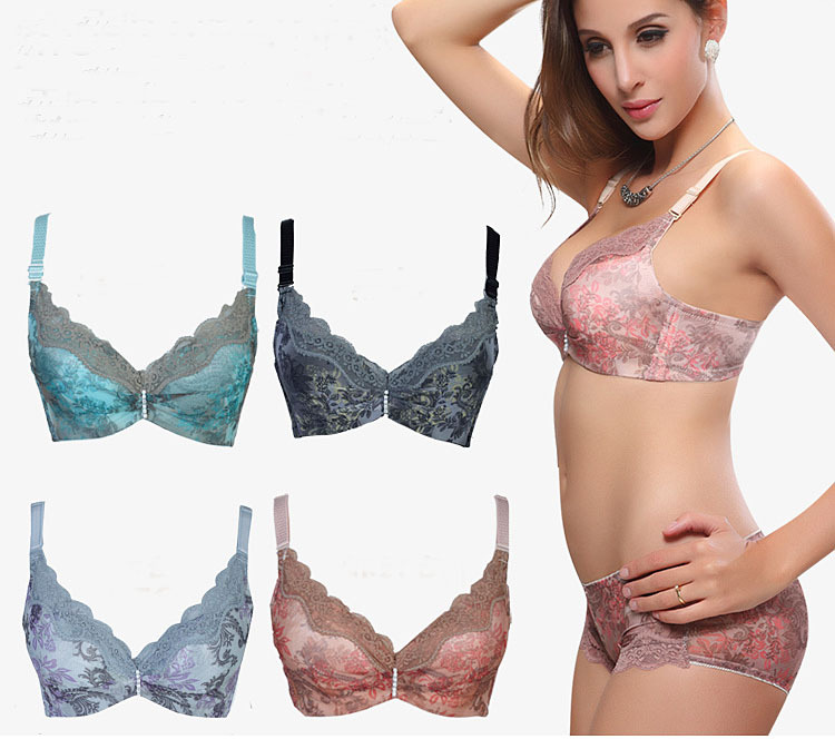 Wholesale 1Lot / 3Pc Free Shipping Back Closure Push Up Bra Print Floral Sexy Lace And Cotton Lingerie MT003