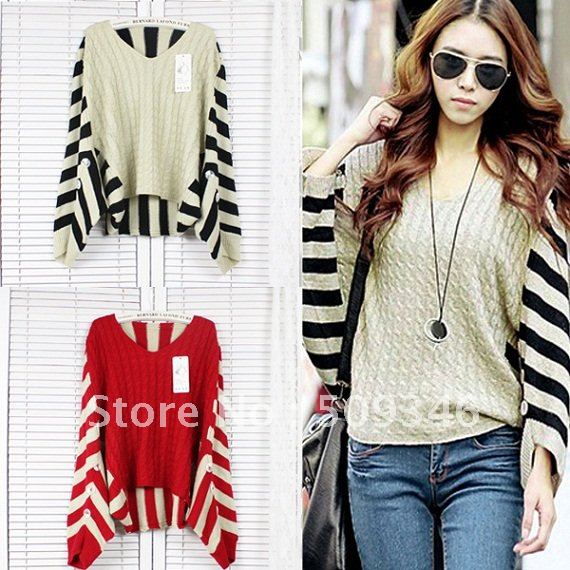 Wholesale 1pc/lot Fashion Spring Autumn Women Ladies Casual Loose Pullover Sweaters Poncho Stripe Batwing Gray Red