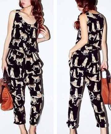 Wholesale 1pc/lot Fashion Summer Women Ladies Panther Leopard Animal Print Sleeveless Long Jumpsuits Rompers Round Neck