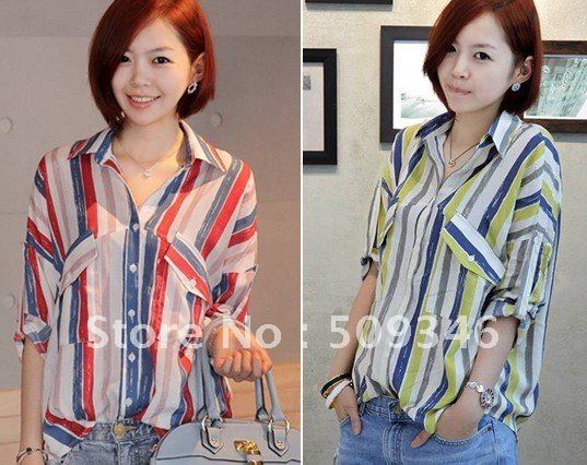 Wholesale 1pc/lot Fashion Women Ladies Spring Autumn Casual Loose Cotton Vertical Stripe Shirts Tops Blouse Half Sleeve