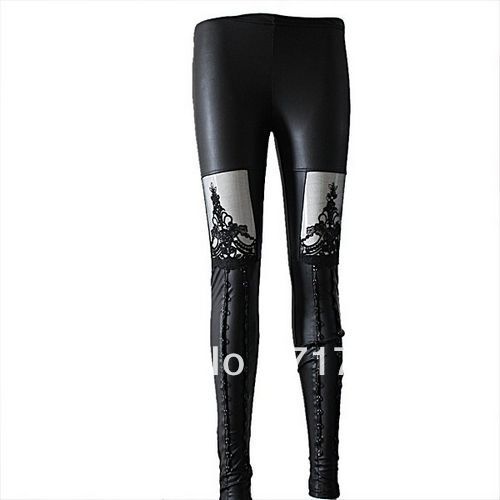 Wholesale 1pc /lot Slim Black Retro Faux PU Leather Lace Stitching Tights Leggings Pant  651130