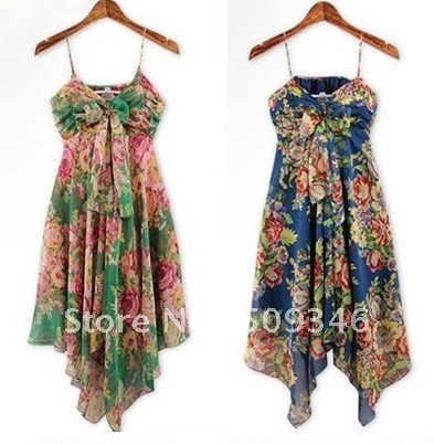 Wholesale 1pc/lot Women Asymmetrical Chiffon Dress Casual Bohemia Party Short  Spaghetti Strap Green Floral Print Drape Hem