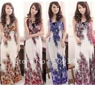 Wholesale 1pc/lot Women Summer Bohemia Sleeveless Smocked Maxi Long Full Beach Casual Dress V Neck Peacock Pattern Free Size