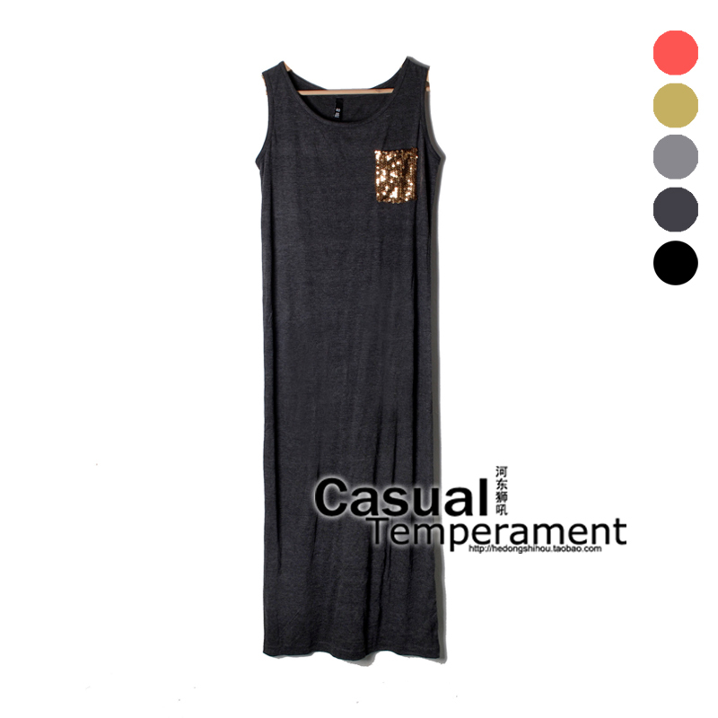 Wholesale 2012 fashion paillette decoration pocket cotton ultra long tank dress one-piece dress skirt