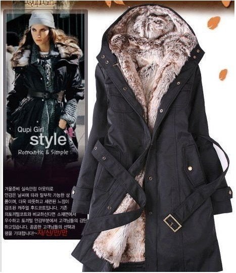 wholesale 2012 Faux fur lining women's winter warm long fur coat jacket clothes Free Shipping