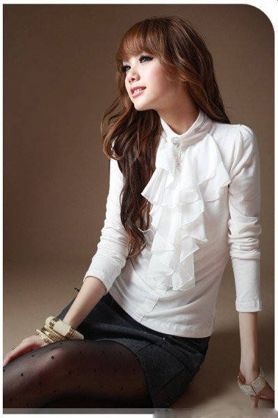 Wholesale 2012 New Autumn Women Long Sleeve Cotton Chiffon Ruffled Blouse Black,White Beaded Shirt