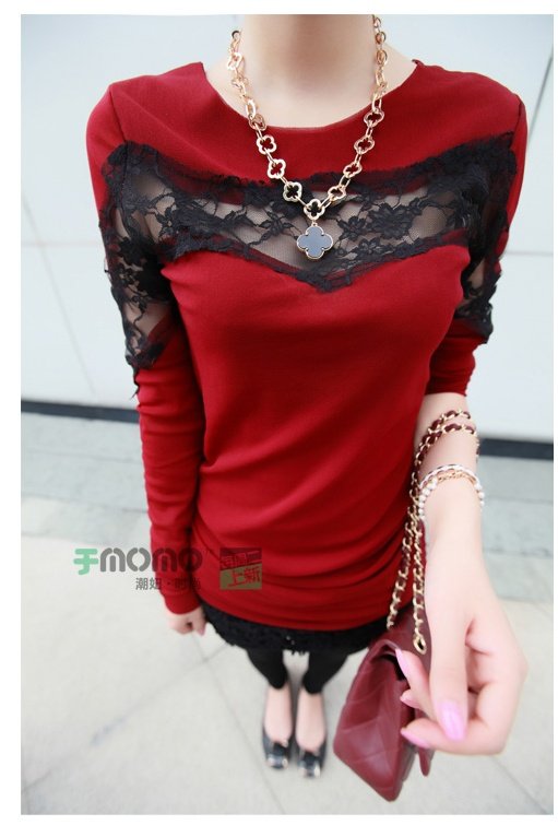 Wholesale 2012 New Autumn Women Sexy Long Sleeve Lace Blouse Black,Red Clubwear T-Shirt