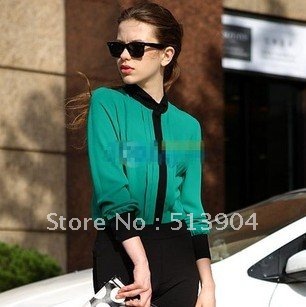 Wholesale 2012 NEW Women's Autumn Casual Tops Blouse Lady Black Mandarin Collar Long Sleeve Patchwork Cotten Shirt free shipping