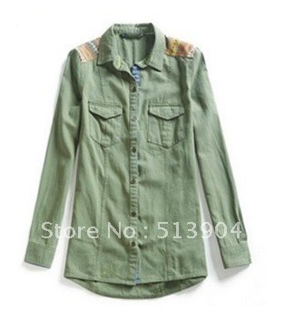 Wholesale 2012 New Women's autumn casual Tops Blouse Lady long sleeve Army green personality collar t Shirt free shipping