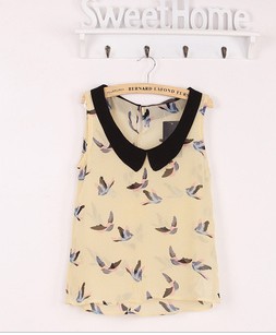 Wholesale 2012 NEW Women's Fashion Desgin Tops Blouse Female Bird Print Sleeveless Black O-Neck Chiffon T Shirt free shipping