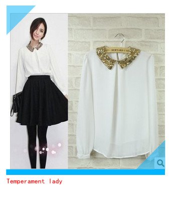 wholesale 2012 spring basic bubble long-sleeve vintage chiffon paillette shirt peter pan collar shirt free shipping