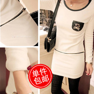 Wholesale 2012 winter beautiful add wool skeleton imitation leather bag bring pure color long-sleeved dress