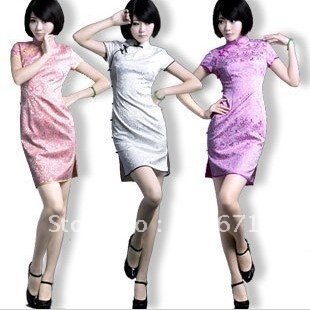 Wholesale 2012  Women's Dresses Colorful Flowers Slim Fashion Dresses silk cheongsam,Chinese dress