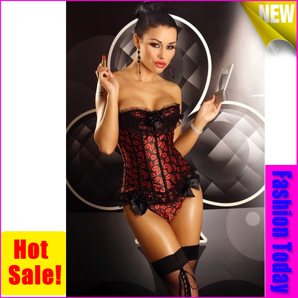 Wholesale 2013 Newest Sexy Print Red Kiss Corset With Ruffle S M L XL 2XL 4112 Free Shipping