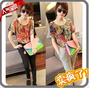 Wholesale 2013 women spring summer Fashion novelty beautiful print pattern patchwork short sleeve jumpsuit rompers black gray