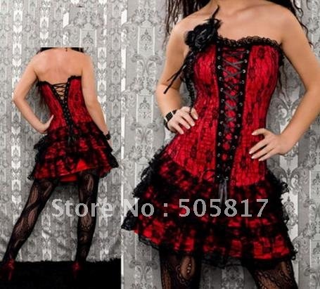 Wholesale 3pcs/lot Sexy boned corset dress skirt lace bustier shaper wit flower corsage red purple  S M L XL XY5193