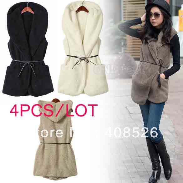 Wholesale 4Pcs/Lot Fashion Womens Ladies Hoodie Long Faux Lamb Fur Vest Coat Jacket With Hat 5colors free shipping 7669