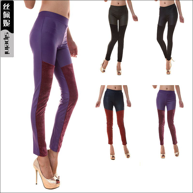 Wholesale 5pcs/lot autumn new arrival high quality faux leather velvet patchwork sparkling shiny elastic Women slim leggings