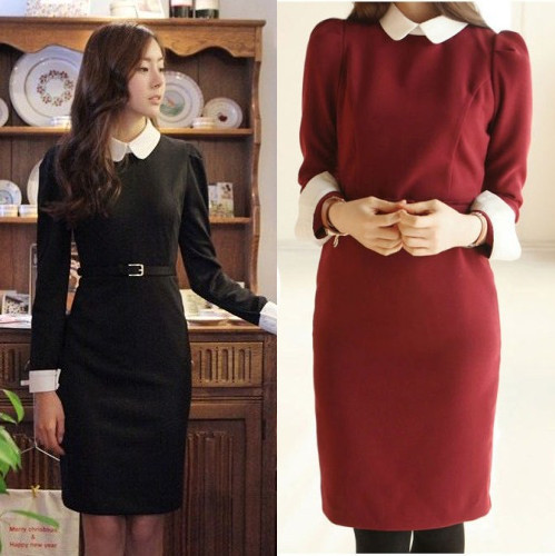 Wholesale 5pcs/lot Fashion S-L Women's Dress Black Red Color Long Sleeves Brief Career Lady Dress ZC3979