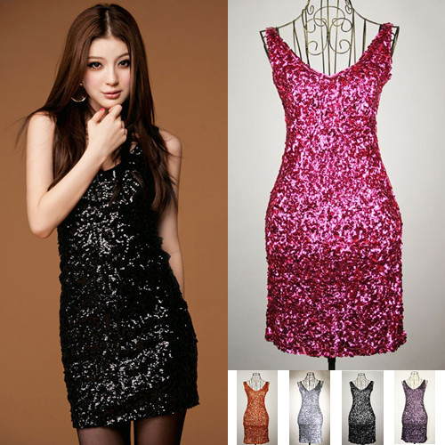 Wholesale 5pcs/lot Fashion Women's Dress 6 Colors V Neck Sequin Club Wear Sexy Tank Dress ZC56379