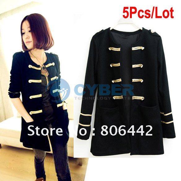 Wholesale 5Pcs/Lot Korea Golden Buttons Double-breasted Women's Cardigan Coat Jacket Outerwear Black Free Shipping