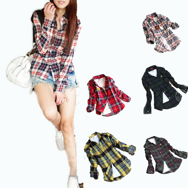 Wholesale and retail! 2013 100%cotton   Women Button Down Lapel Shirt Plaids Checks Flannel Shirts Tops Blouse 4 Size