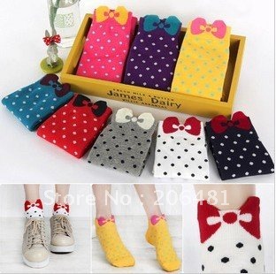 Wholesale Candy Color South Korea Cute Bowknot Dots Socks 8 Pairs/Lot Free Shipping