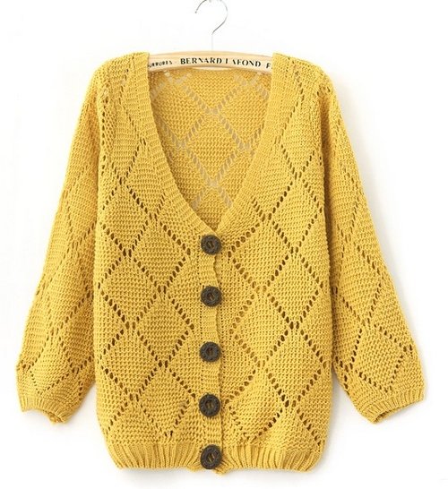 wholesale cheap beige cardigan hollow-carved V-neck sweaters casual loose yellow sweater new style