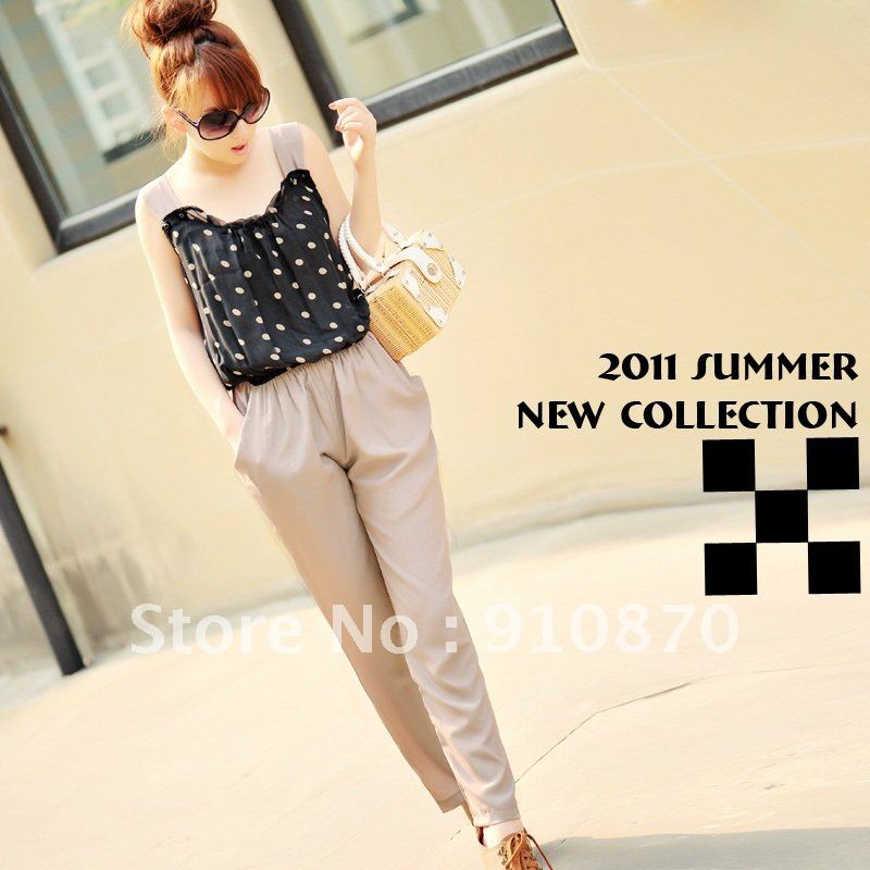 Wholesale Cheap Fashion New Arrive Korean Style Wave Point Casual Chiffon Jumpsuit  Coffee/Black Siamese trousers