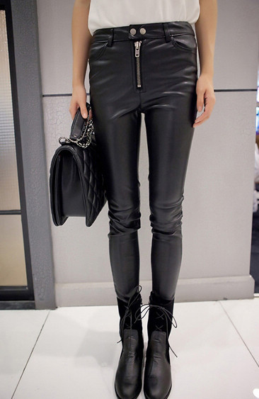 Wholesale cheap faux leather leggings  2012 universal basic thermal cool zipper liner velvet slim leather pants free shipping