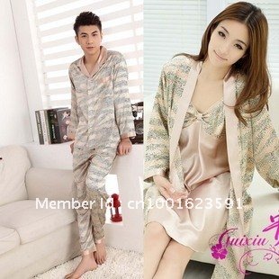 Wholesale couple lovers' nightgown Loungewear nightwear silk robe household sleeping wear 3pcs/lot+ Freeshipping