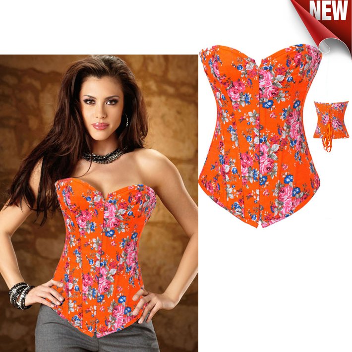 [Wholesale Discount Frctory Dropship] Orange Print Big Peony Sexy Corset And Bustier LB4450 1 Pcs Freeshipping