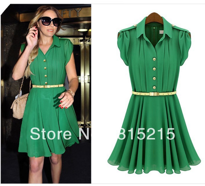 Wholesale Dresses New Fashion 2013 Women Turn-Down Collar Vintage Style Chiffon Elegant Casual Dress With Belt Free Shipping