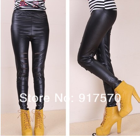 Wholesale Fashion Faux Leather Holes Leggings Tights Pants Hot Sexy Shiny Wet Look Free Shipping